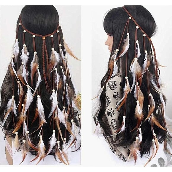 🆕 Bohemian Feather Hippie Hairband Indian Gypsy Headband White Brown Tassel NWT - Picture 3 of 9